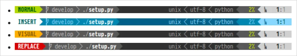 Vimステータスラインのモード別表示例（NORMAL、INSERT、VISUAL、REPLACE）